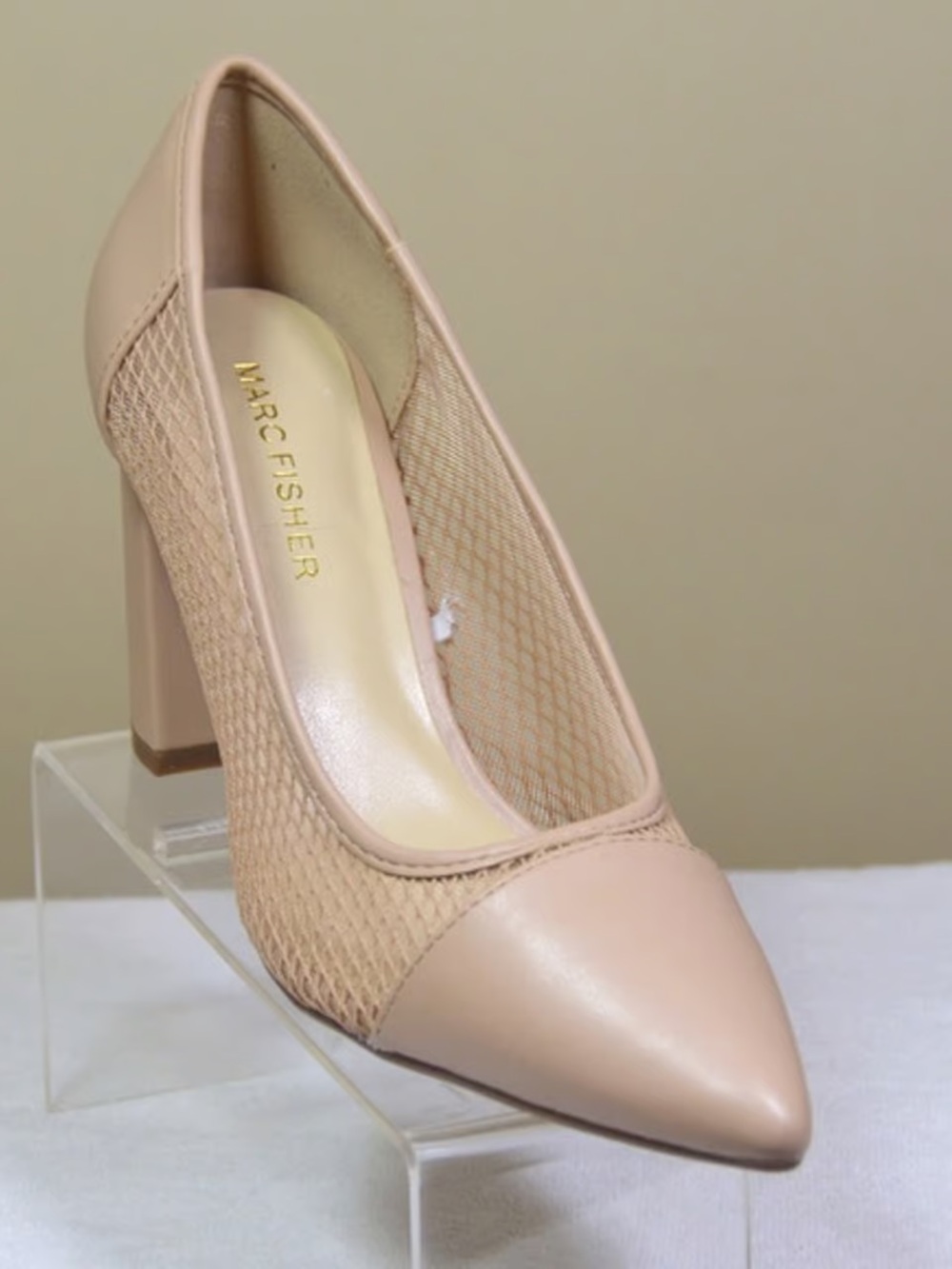 Marc Fisher Beige Mesh Pointed-Toe Block Heel Pump